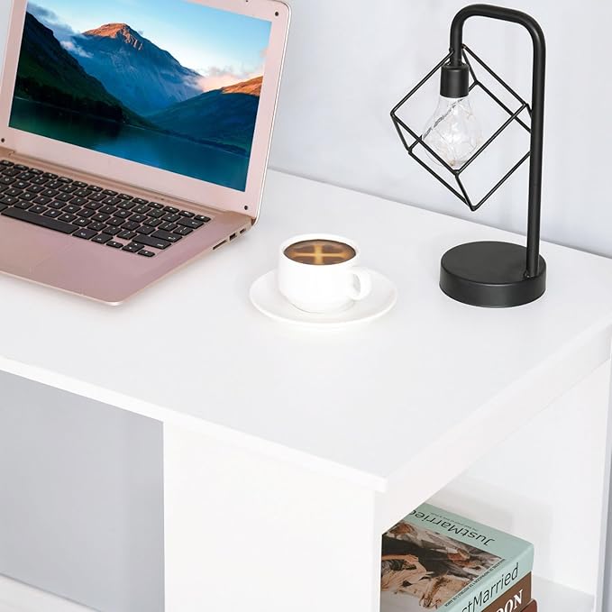 Modern Home Office Desk with Storage Shelves - 47 White Writing Table for Computer &amp Books