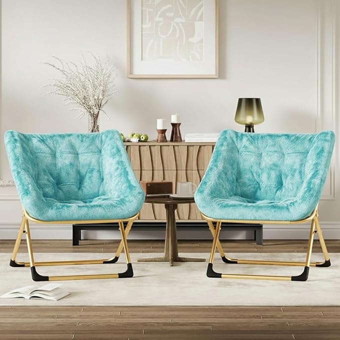 Collapsible Soft Faux Rabbit Fur Saucer Lounge Chair Comfy Lounge Lazy Chair Metal Frame Reading Chairs for Office Living Room Bedroom Small Spaces No Assembly Green