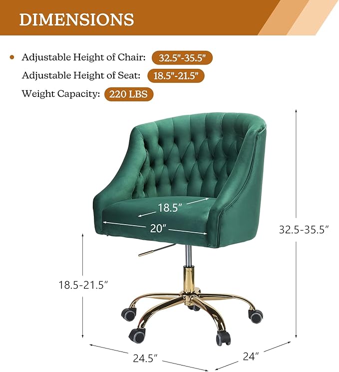 Velvet Home Office Chair with Gold Base Comfortable Modern Cute Desk Chair Adjustable Swivel Task Chair for Living Room Bedroom Vanity Study Green