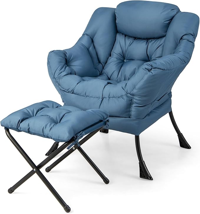 RELAX4LIFE Lazy Chair with Foldable Ottoman - Modern Lounge Accent Chair w/Armrests &amp Side Pocket Upholstered Leisure Sofa Armchair with Footrest for Reading Living Room Bedroom Dorm (Blue)