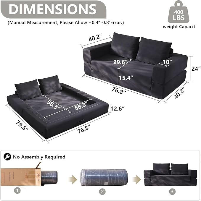 79'' Convertible Sleeper Sofa Bed 3-in-1 Foldable Floor Couch with Corduroy Upholstery No Assembly Loveseat Light Brown Lounge Mattress for Living Room Studio Guest Room (Black)