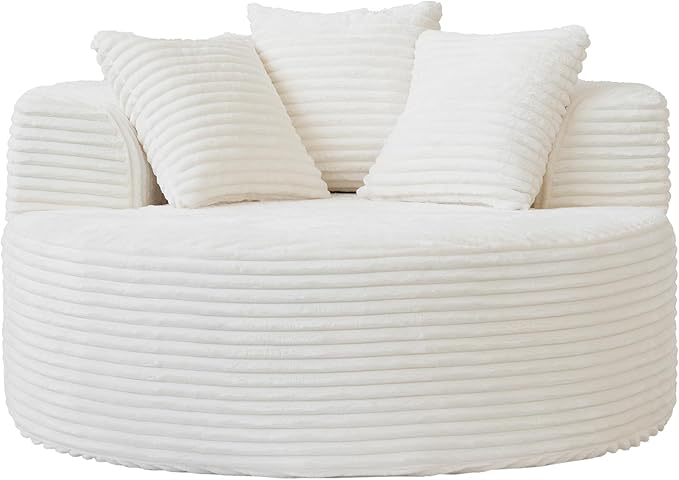 JACH Oversized Sofa Chaise with Three Pillows 50 Corduroy Deep Seat Single Sleeper Sofas Round Upholstered Lazy Floor Sofa for Living Room Apartment Beige