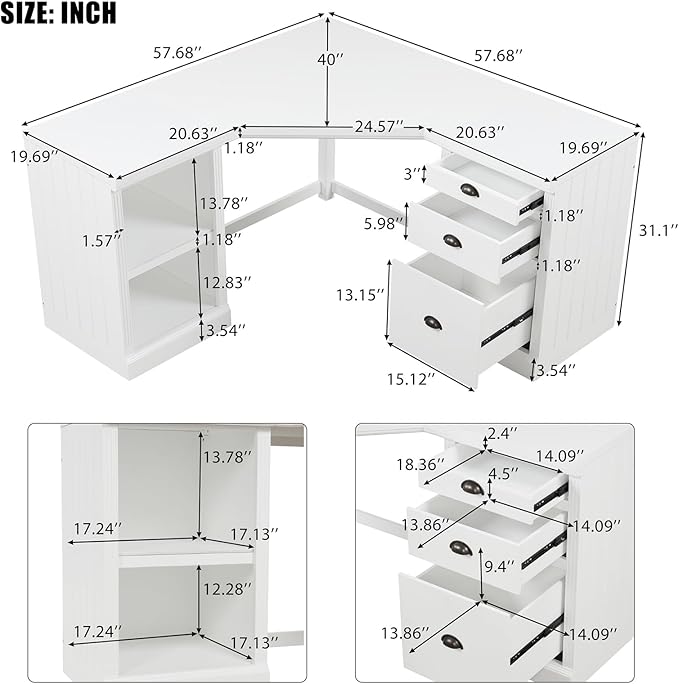 Modern L Shaped Executive Desk with 2 Storage Cabinets and 3 Drawers Corner Office Writing Desk Computer Desks with Depth Workstation for Home Office Living Room
