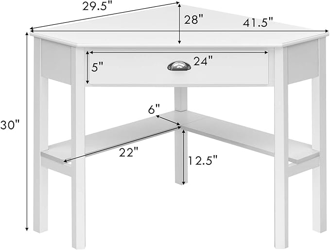Tangkula White Corner Desk with Drawer Storage Shelves for Computer Makeup Vanity Desk for Small Space 90 Degrees Triangle Desk