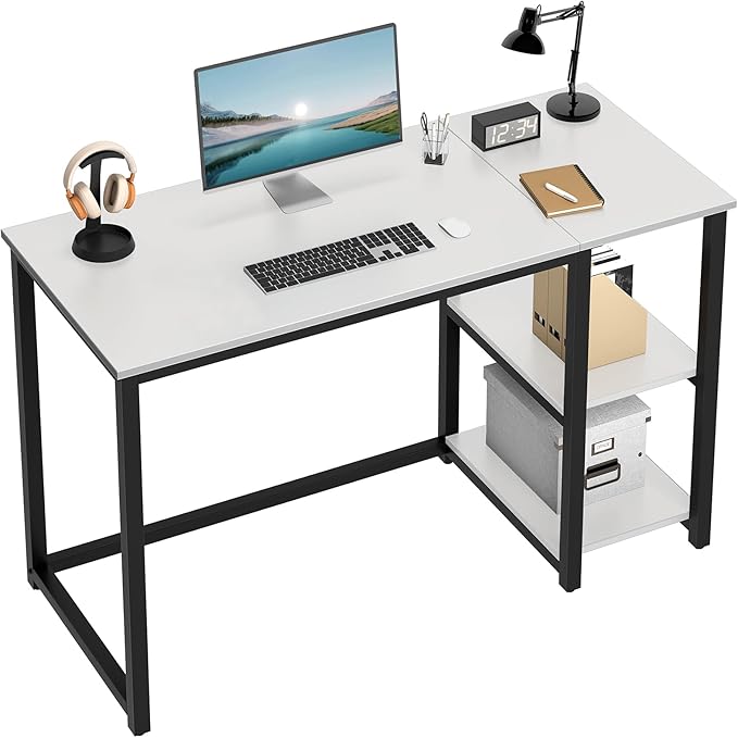 SINPAID Computer Desk 47 inches with 2-Tier Shelves Sturdy Home Office Desk with Large Storage Space Modern Gaming Desk Study Writing Laptop Table White Desk