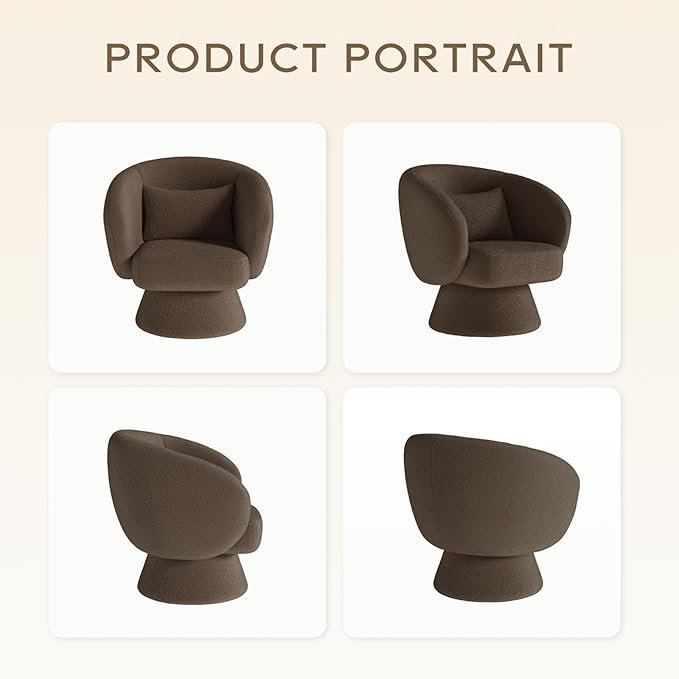 Swivel Accent Chair Modern Upholstered Barrel Chair with 360° Swivel Soft Teddy Fabric &amp Extra Lumbar Pillow Stylish Round Accent Chair for Living Room Bedroom Nursery – Brown1PC