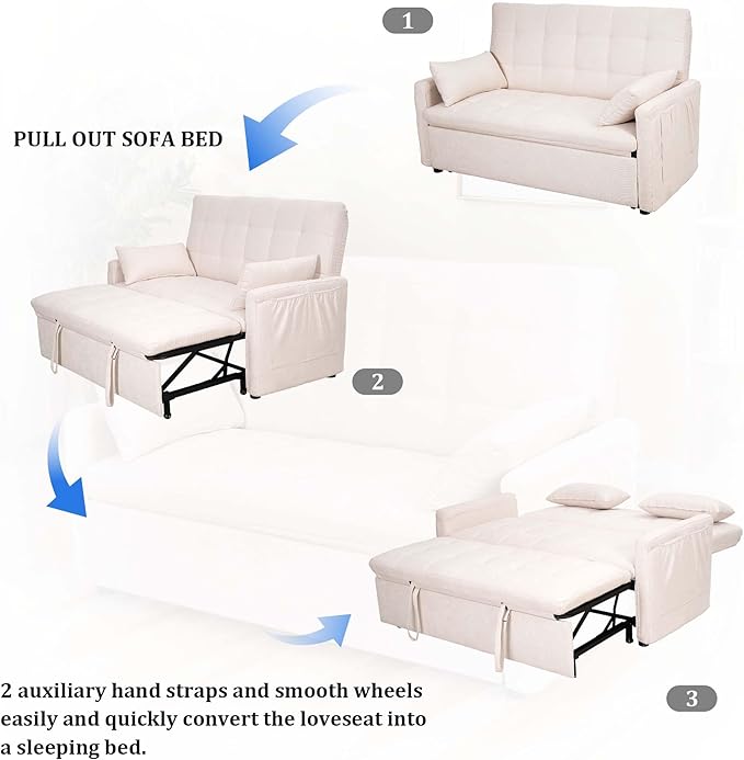 66 Beige Sofa Sleeper Loveseat Sofa Bed Queen Size Pull Out Couch with 2 Pillows Pocket &amp Adjustable Backrest Small Couch Bed for Small Spaces Bedroom Apartment Living Room | Convertible A