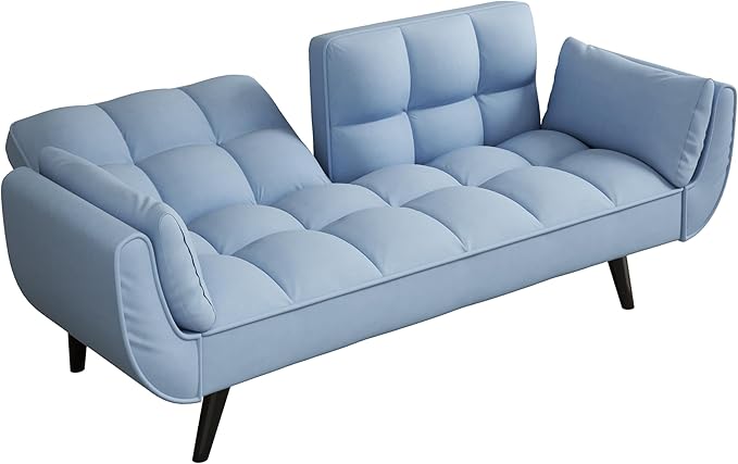 Olela Futon Sofa Bed Convertible Sleeper Couch 74 W Modern Velvet Loveseat with Adjustable Backrests and Solid Wood Legs for Living Room Bedroom Small Space (Light Teal)