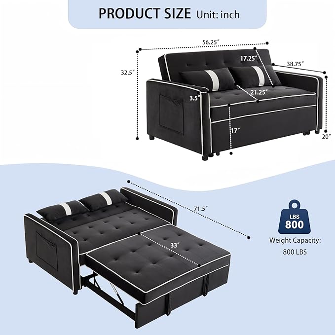 3 in 1 Convertible Sleeper Sofa Bed Small Couch for Living Room Bedroom with Pullout Bed Adjustable BackrestVelvetLoveseat Sofa BedFuton Couches (Black)