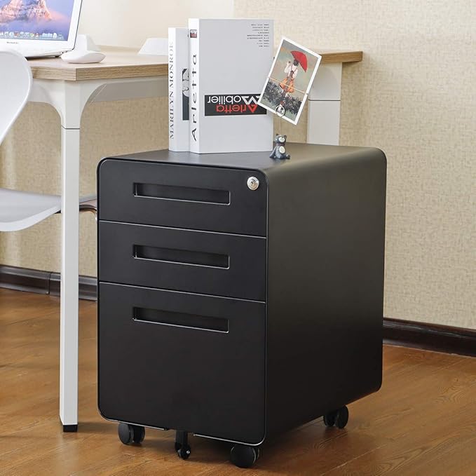 Secure 3-Drawer Mobile File Cabinet with Lock – Carbon Steel Filing Cabinet for A4/Letter/Legal – Under Desk Fully Assembled Anti-Tilt 5 Wheels Office Storage Organizer