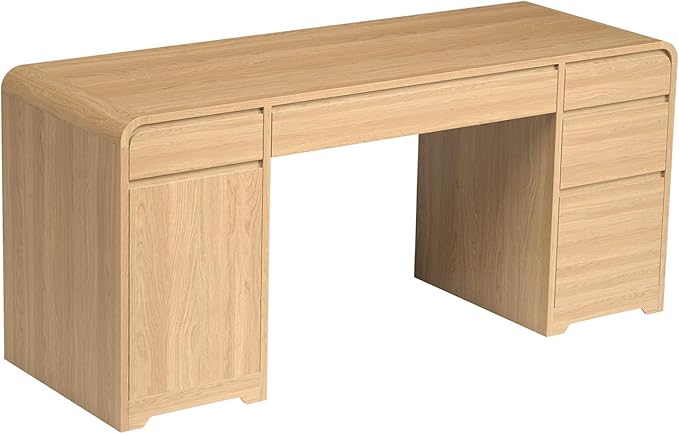 59-Inch Large Computer Desk with 5 Drawers and Storage Cabinet for Living Room Modern Wood Computer Desk for Home Office Bedroom Small Space Light Oak