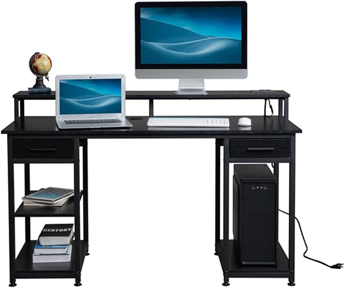 Black Modern Home Office Desk Rustic Computer Desk with Storage Cabinet Wood Home Office Desk with 2 Power Sockets and 2 USB Power Interfa