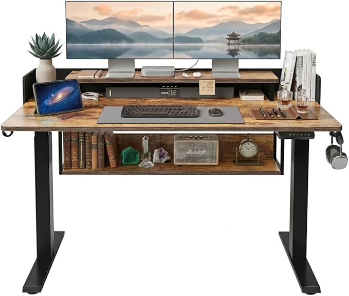 CubiCubi 55 Electric Standing Desk with Under Desk Shelves Sit Stand Rising Computer Desk with Monitor Shelf Home Office Desks with Hooks Adjustable Height Stand Up Workstation Table Rustic Brown