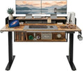 CubiCubi 55 Electric Standing Desk with Under Desk Shelves Sit Stand Rising Computer Desk with Monitor Shelf Home Office Desks with Hooks Adjustable Height Stand Up Workstation Table Rustic Brown