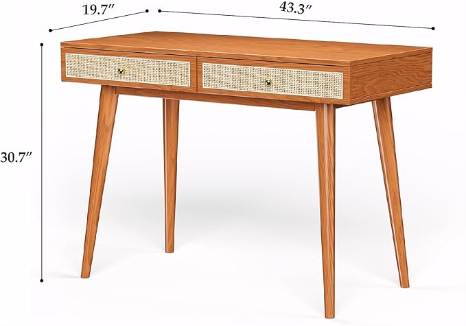 Mid-Century Modern Solid Wood Desk with Drawers – 45 inch Small Boho Rattan Writing Desk for Home Office Minimalist Design Natural Wood Legs Table for Workspace Elegance