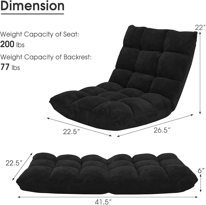 LDAILY 14-Position Floor Chair Adjustable Gaming Chair with Strong Back Support Padded Cushion Folding Couch Recliner Sofa Ideal for Floor Seating Reading Gaming(Black)