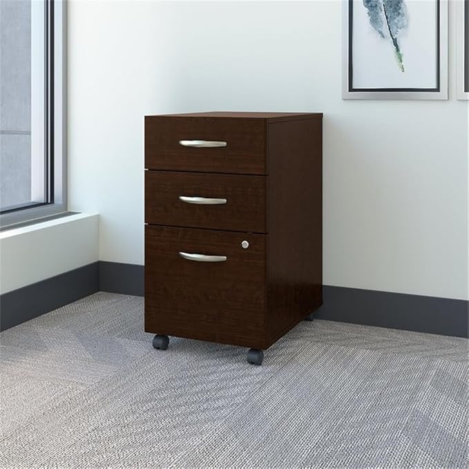 Pemberly Row 3-Drawer Mobile File Cabinet Mocha Cherry Finish Engineered Wood Brushed Nickel Hardware Locking File Storage Full-Extension Drawers Office Organizer on Wheels for Home or Workplace