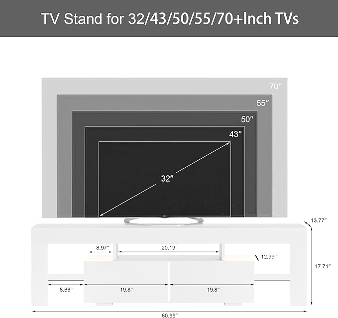 JUMMICO TV Stand with LED Lights Modern Entertainment Center Media and Open Shelf Console Table Storage Desk with 1 Drawer and Remote Control 20 Color LED Lights up to 70 Inch TV (White)