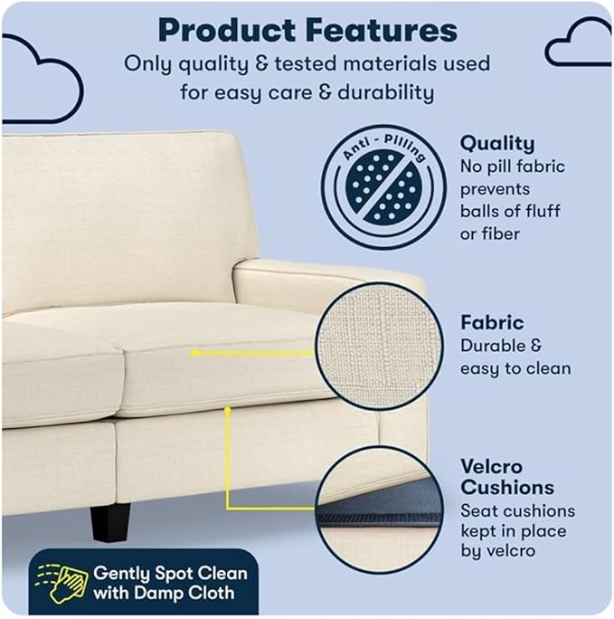 Pemberly Row 73 Track Arm Sofa Buttercream Polyester Fabric Removable Covers Solid Wood Frame Compact 2-Seater Design Modern Classic Style for Living Room or Home Office
