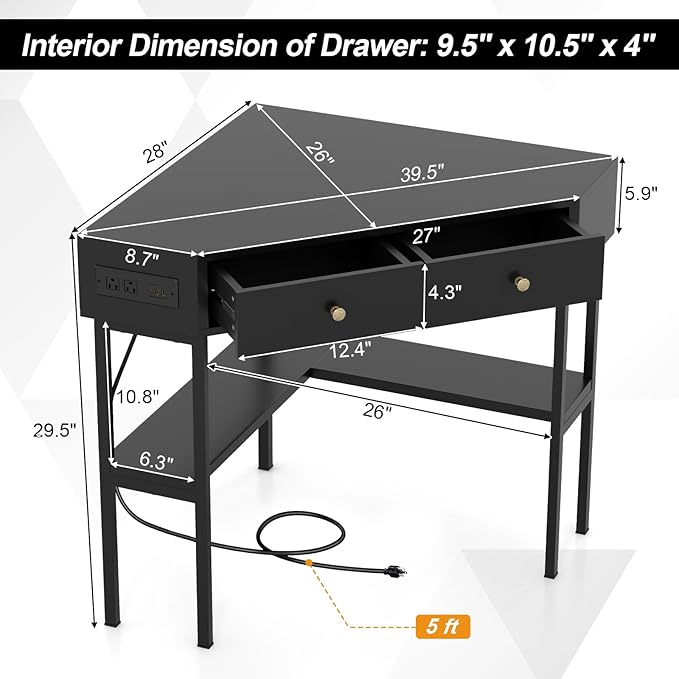 Giantex Corner Desk with Charging Station 90 Degree Triangle Computer Desk with 2 Drawers &amp Storage Shelf L-Shaped Writing Desk Makeup Vanity Table Compact Corner Desk for Small Spaces (Black)