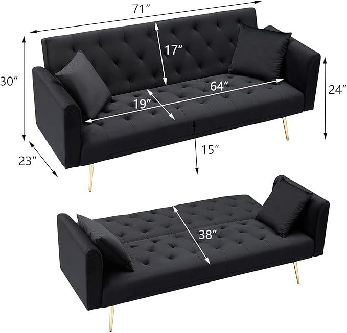 71 Convertible Folding Sleeper Sofa CouchModern Velvet Loveseat Sleeper with 2 Pillows Futon Sofa Bed with Mattress and Frame for Living RoomBedroomSmall Space (Black)