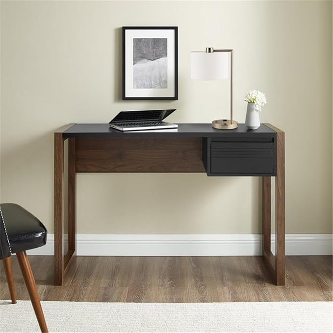 Walker Edison Fluted Small Computer Laptop Writing Vanity Desk with Drawers 46 Inch Black and Walnut