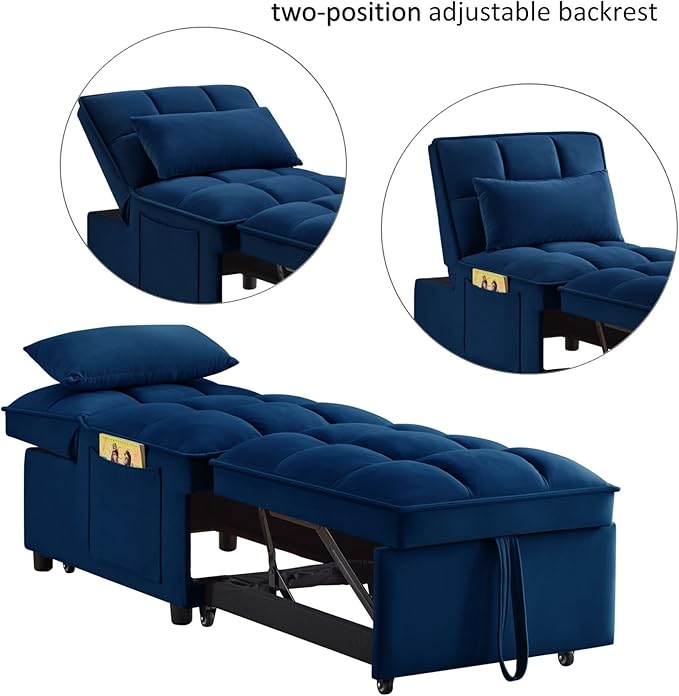 KEIKI Velvet Single Convertible Sleeper Chair Sofa Bed with Adjustable Backrest Pillows &amp Storage Pockets 3 in 1 Pull-Out Couch Chaise Lounge Recliner for Living Room Balcony Bedroom Navy