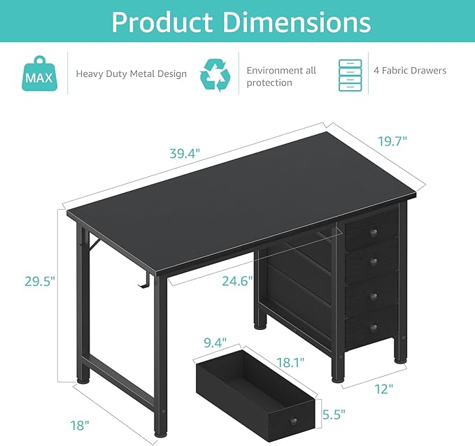 Lufeiya Small Gaming Desk with 4 Drawers 40 Inch Kids Girls Teen Cute Study Desk for Bedroom Reversible Work Computer Writing Table Desks for Small Space Home Office Black