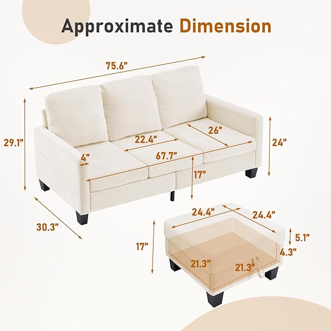 Furnimart Modern Small 3-Seater Sofa Set with Storage Ottoman Compact Couch for Small Space Chenille Fabric Solid Wood Frame Side Pocket &amp Storage Footstool Living Room Apartment(Beige)