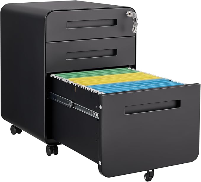 3 Drawer Mobile File Cabinet with Lock Under Desk Metal Filing Cabinet for Home Office Assembled Removable Under Desk Storage with Wheels for A4-Size/Letter-Size/Legal-Size (Black)