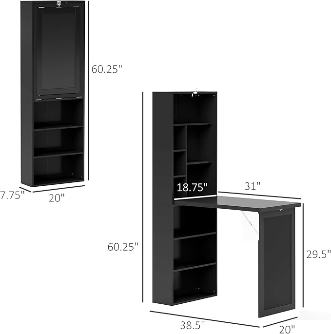 Folding Wall Mounted Desk with Storage Expandable Hidden Computer Desk Foldable Space-Saving Pull Out Murphy Table Writing Table with Blackboard for Home Office Bedroom Small Spaces (Black)