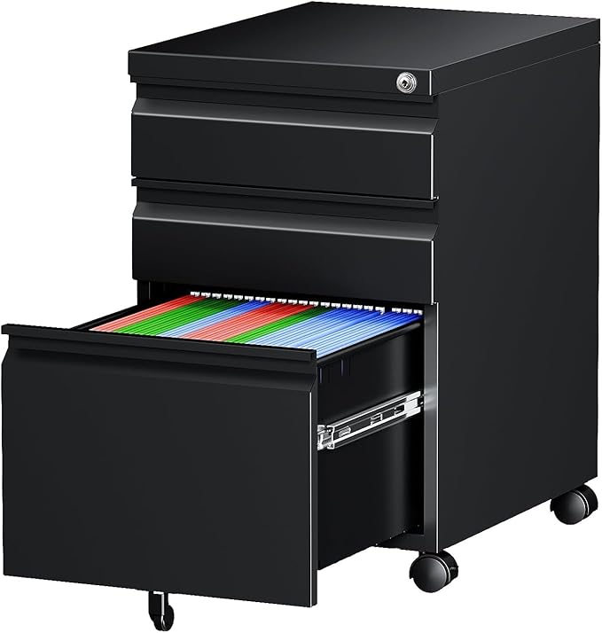 Letaya 3 Drawer Mobile File Cabinet with Lock Under Desk Metal Rolling Filing Cabinets for Home Office Organizer Letters/Legal/A4 (Black- Requires Installation) (Black)