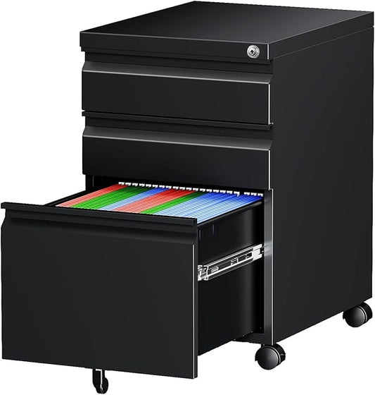 Letaya 3 Drawer Mobile File Cabinet with Lock Under Desk Metal Rolling Filing Cabinets for Home Office Organizer Letters/Legal/A4 (Black- Requires Installation) (Black)