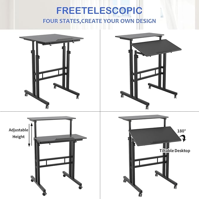 sogesfurniture Mobile Standing Computer Desk for Home Office Height Adjustable Laptop Workstation on Wheels with Keyboard Tray Small Portable Rolling Writing Table Sit to Stand Riser Black