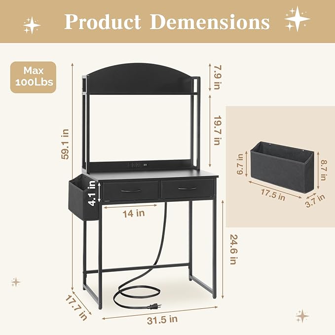 KATHY&ampBOB Small Home Office Study Desk - Freestanding Ladder Design with Fabric Drawers &amp Side Bag - Modern Vanity Makeup Desk - 2 Tier Shelf &amp Computer Gaming Station (Black Arched)