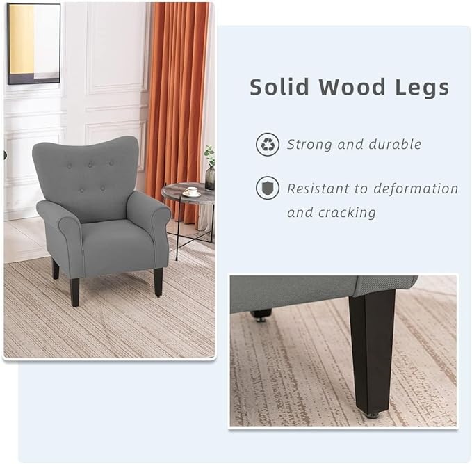 YOLENY Modern Accent ChairHigh Back ArmchairUpholstered Fabric Button Single Sofa with Wooden Legs for Living RoomBedroomClubGrey