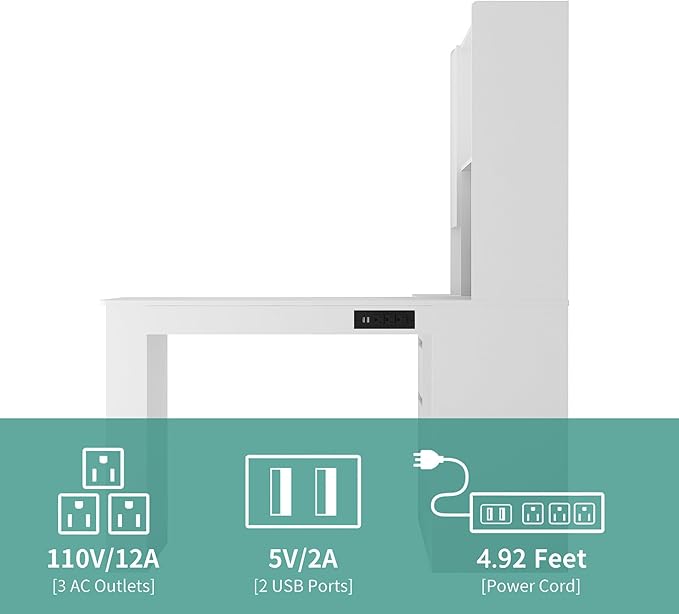 White L-Shaped Home Office Desk with Hutch &amp Drawers Modern Corner Desk with LED Light &amp Bookshelf Wood Study Writing Table Gaming Computer Desk for Bedroom Home