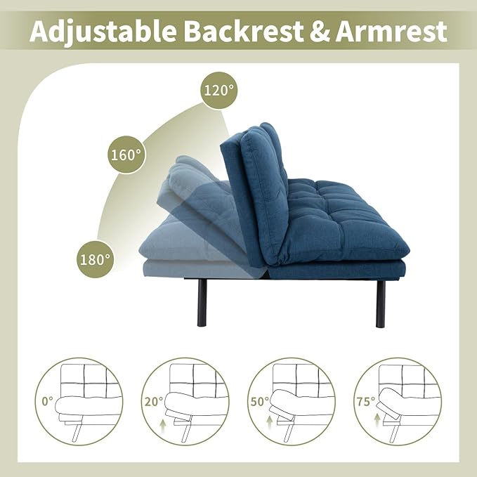 Vipbear 71 Futon Sofa Bed - Convertible Sofa Beds/Adjustable Backrest &amp ArmrestDetachable Cushion Loveseat Sleeper for Small Spaces Apartments &amp Offices Blue Futons