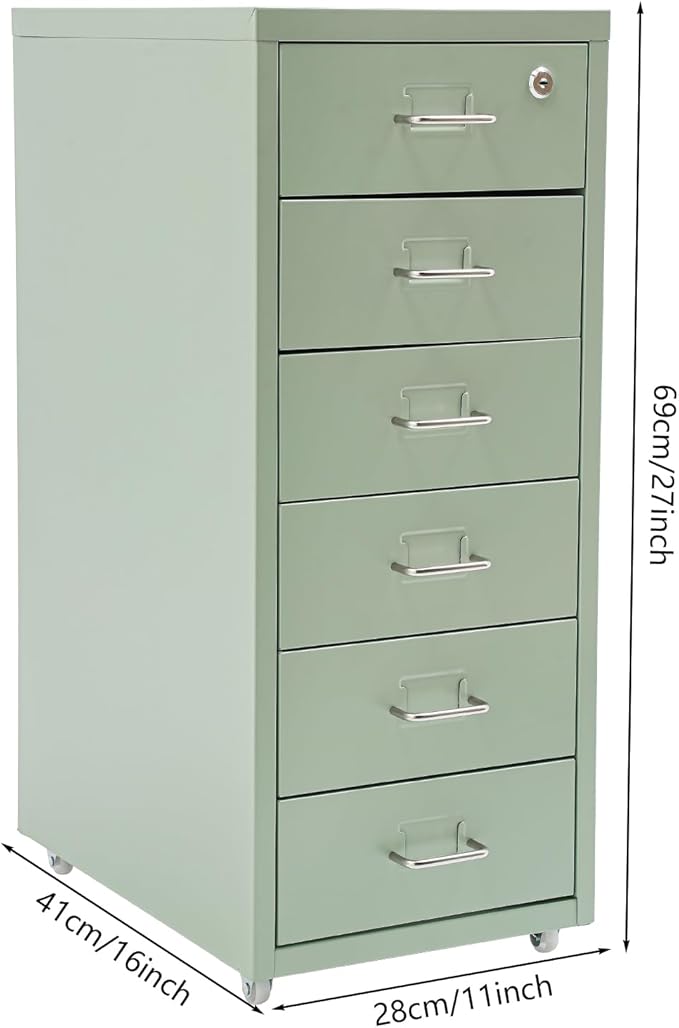 6 Drawer File Cabinet Metal Mobile Office Filing Organizer Vertical Lockable Office Filing Cabinet Heavy-duty Steel File Storage Cabinet with Keys and Wheels for Study Office Living Room (Green)