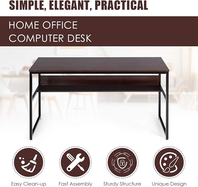 DORTALA 55 Industrial Computer Desk Contemporary Writing Table w/Storage Shelf Large Tabletop Sturdy Metal Structure Adjustable Foot Pads