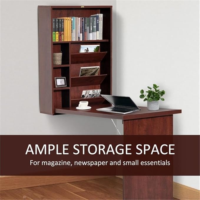Pemberly Row Wall-Mounted Folding Desk Brown Wooden Finish Compact Space-Saving Design with Storage Shelves Adjustable Compartments Ideal for Home Office Study Room Kitchen or Crafting Station