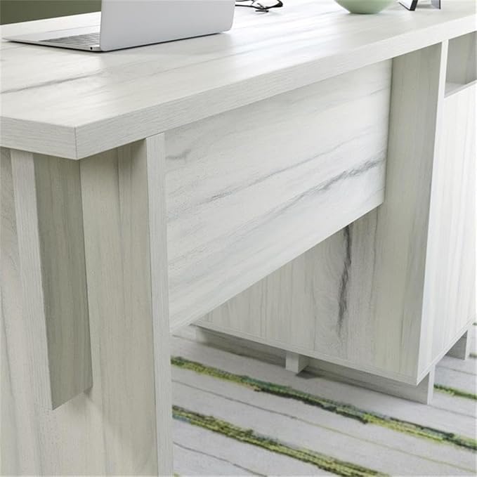 Pemberly Row Engineered Wood Desk 52 in Wide Haze Acacia Natural Finish Single Pedestal with Storage Drawers and Open Shelf Modern Home Office Desk for Organization and Workspace
