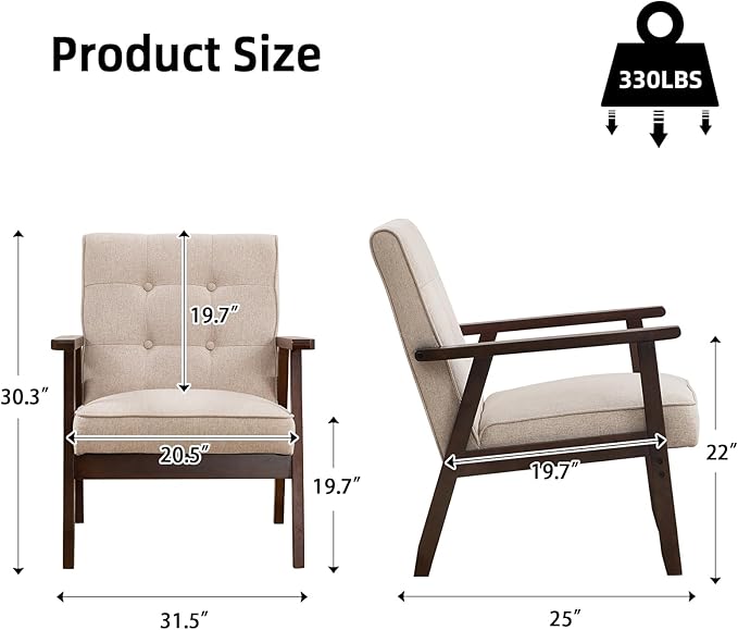 Accent Chair Mid Century Modern Chair for Living Room Comfy Fabric Armchair with Solid Wood Frame Soft Thick Padded Side Chairs Easy Assembly (1 Fabric Beige)