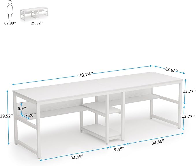 LITTLE TREE Industrial 78.7 Desk with Shelves Double Workstation for Two People Computer Office Desk Writing Table with 3 Drawers Large Metal Tabletop White