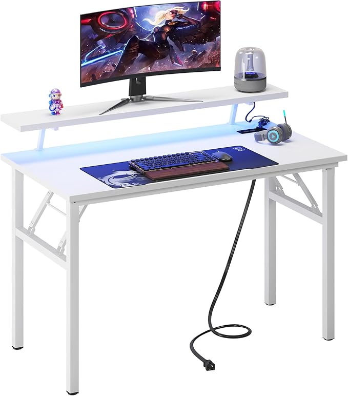 SogesGame Folding Desk 39.4 Inch Foldable Computer Desks with LED Lights and Monitor Stand Work Portable Table for Bedroom Home Office White