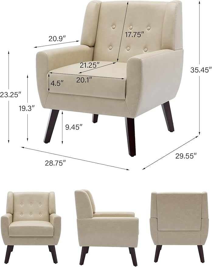 Accent Chair Mid-Century Modern PU Leather Chairs with Arms for Living Room Comfy Upholstered Club Single Sofa Armchair for Bedroom Waiting Room with Solid Wood Frame（Leather Cream Set of 2