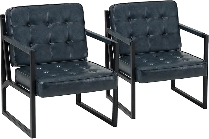 Accent Chairs Set of 2 Modern Accent Arm Chairs for Living Room Comfy Leather Armchairs with Metal Legs for Bedroom Reception Room Blue