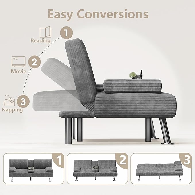 Flamaker Futon Sofa Bed Modern Folding Futon Set Convertible Recliner Lounge for Living Room with 2 Cup Holders Removable Armrests (Corduroy Marble Grey)