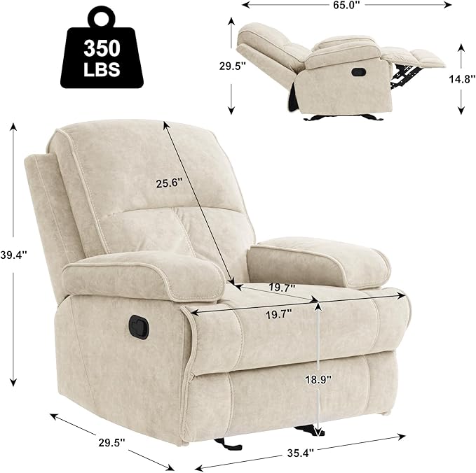 Manual Rocker Recliner Chair for Adults High Back Glider with Deep Seat Upholstered Fabric Armchair for Living Room &amp Nursery Beige