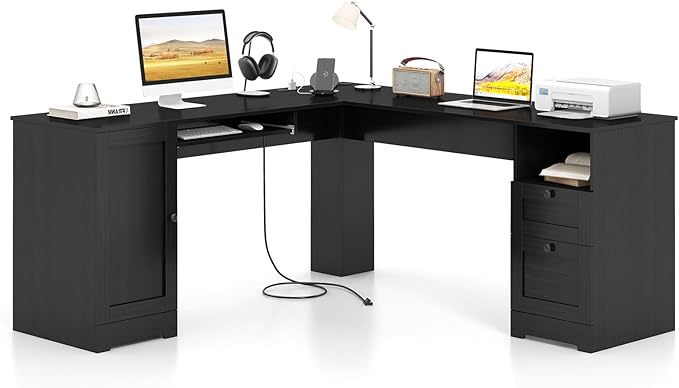Giantex 66 L-Shaped Desk with Storage Drawers &amp Charging Station Spacious Corner Computer Desk with Keyboard Tray Adjustable Shelf Cabinet Huge Workspace Home Office Study Writing Desk (Black
